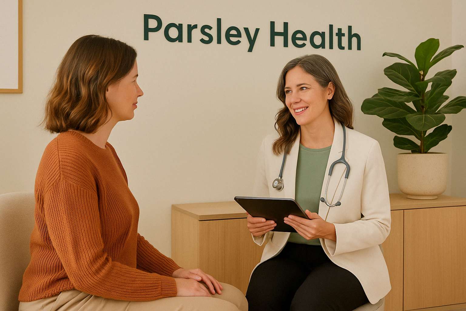 Parsley Health doctor consulting with patient in a calm, welcoming clinic environment