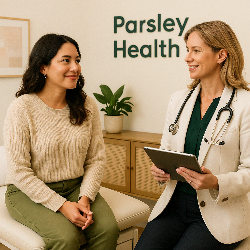 Parsley Health doctor consulting with patient in a warm, welcoming clinic environment