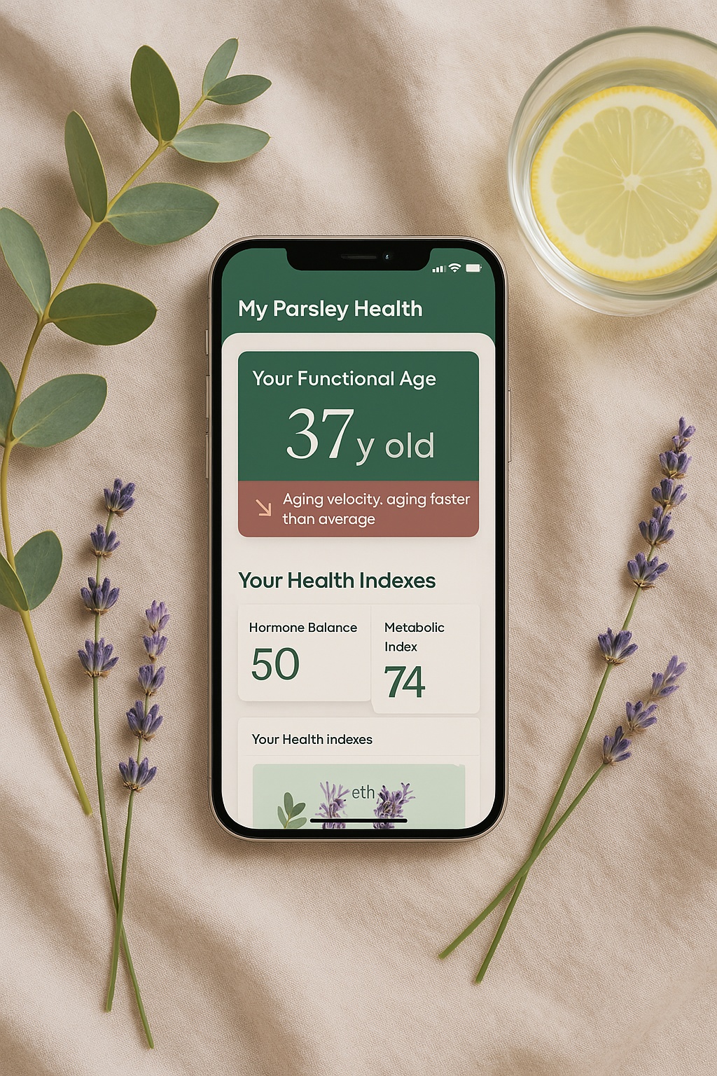 My Parsley app showing functional age and health metrics