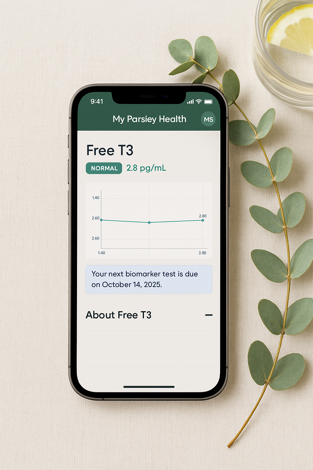 My Parsley app showing detailed biomarker tracking