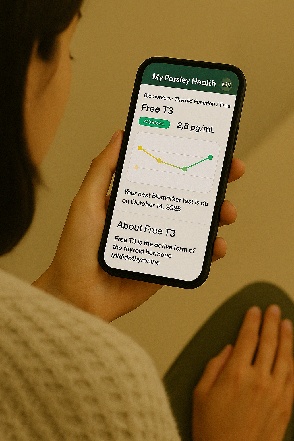 Woman checking thyroid function results on the Parsley Health mobile app